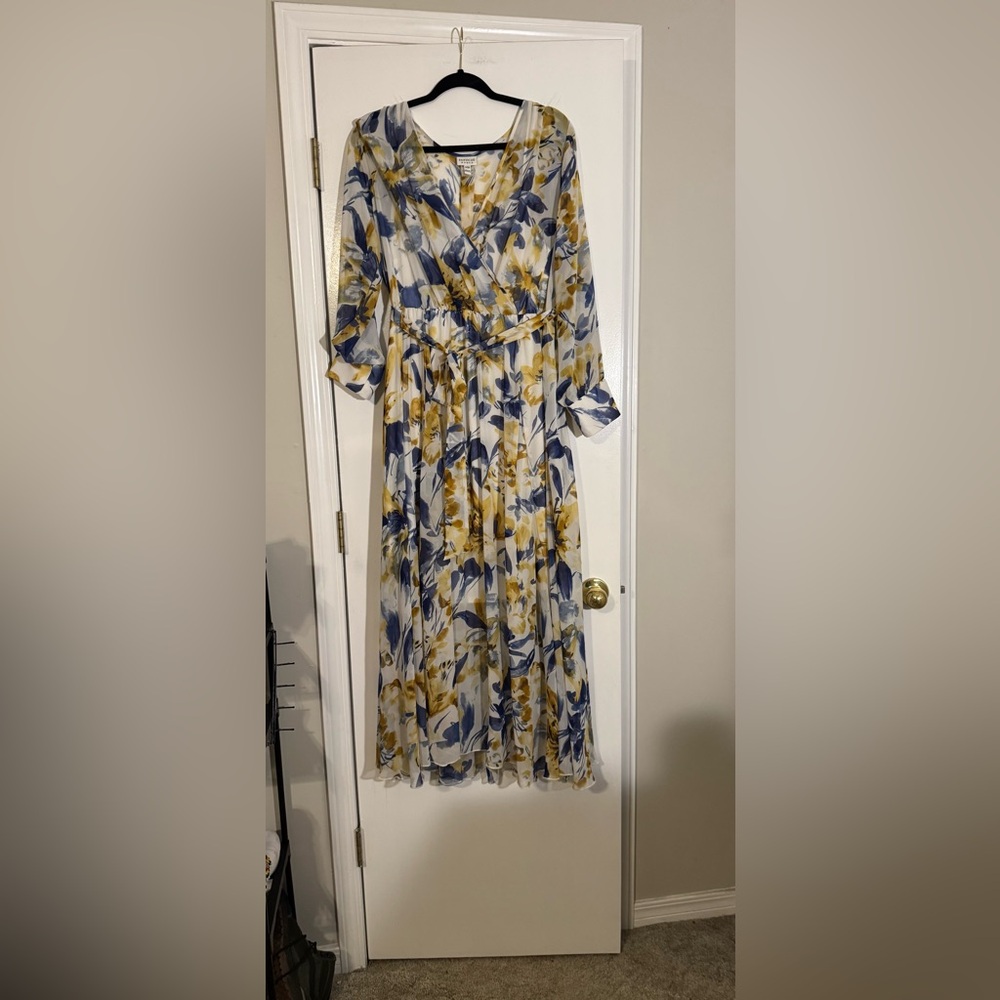 Enfocus Studio Floral Long Sleeve Dress - Blue and Yellow sheer maxi